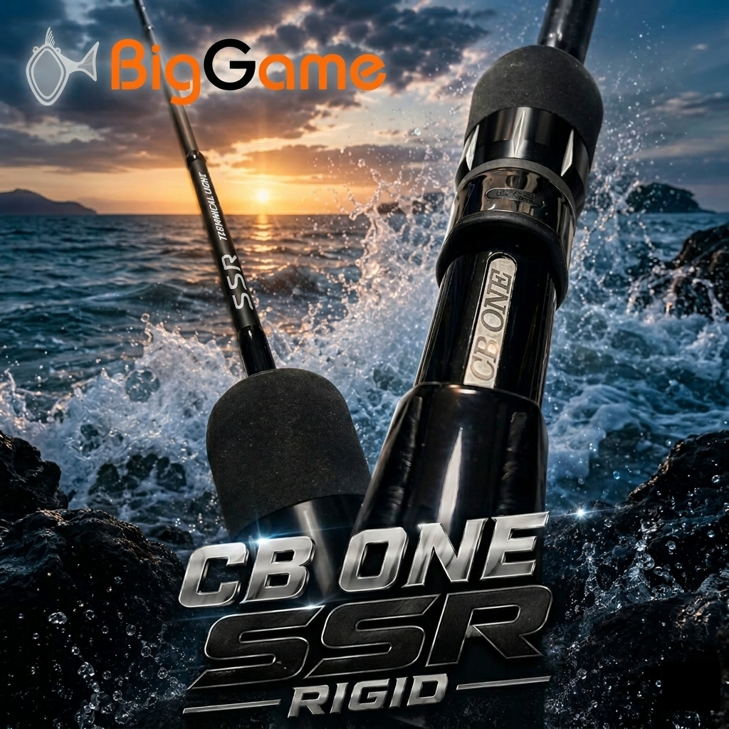 Fishing rod with 'CB One SSR Rigid' branding against a sunset ocean backdrop, featuring the Big Game brand.